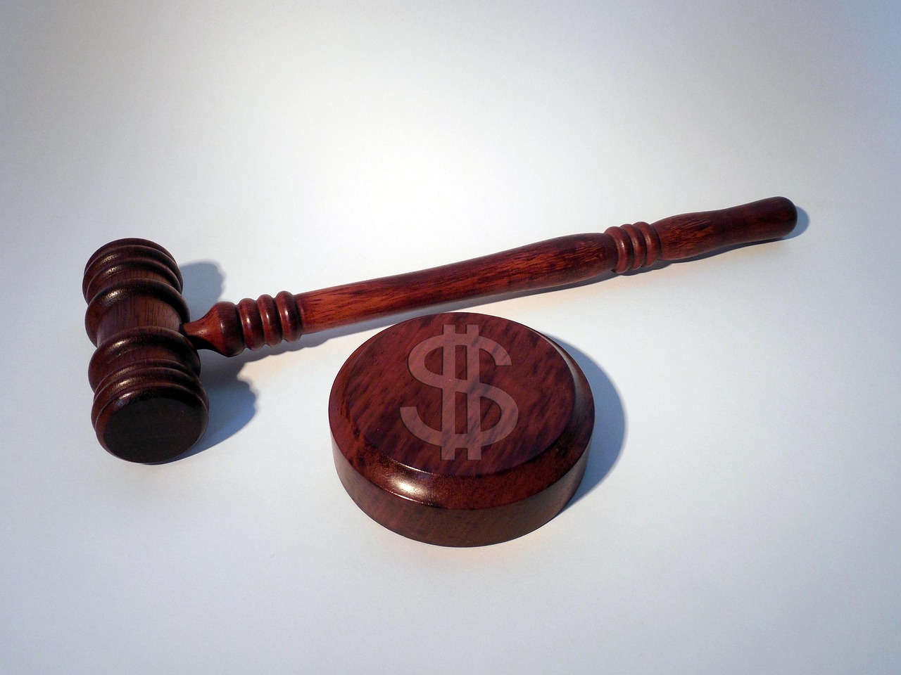 Judge's gavel with a dollar sign on the striking surface, representing a court ruling with financial implications