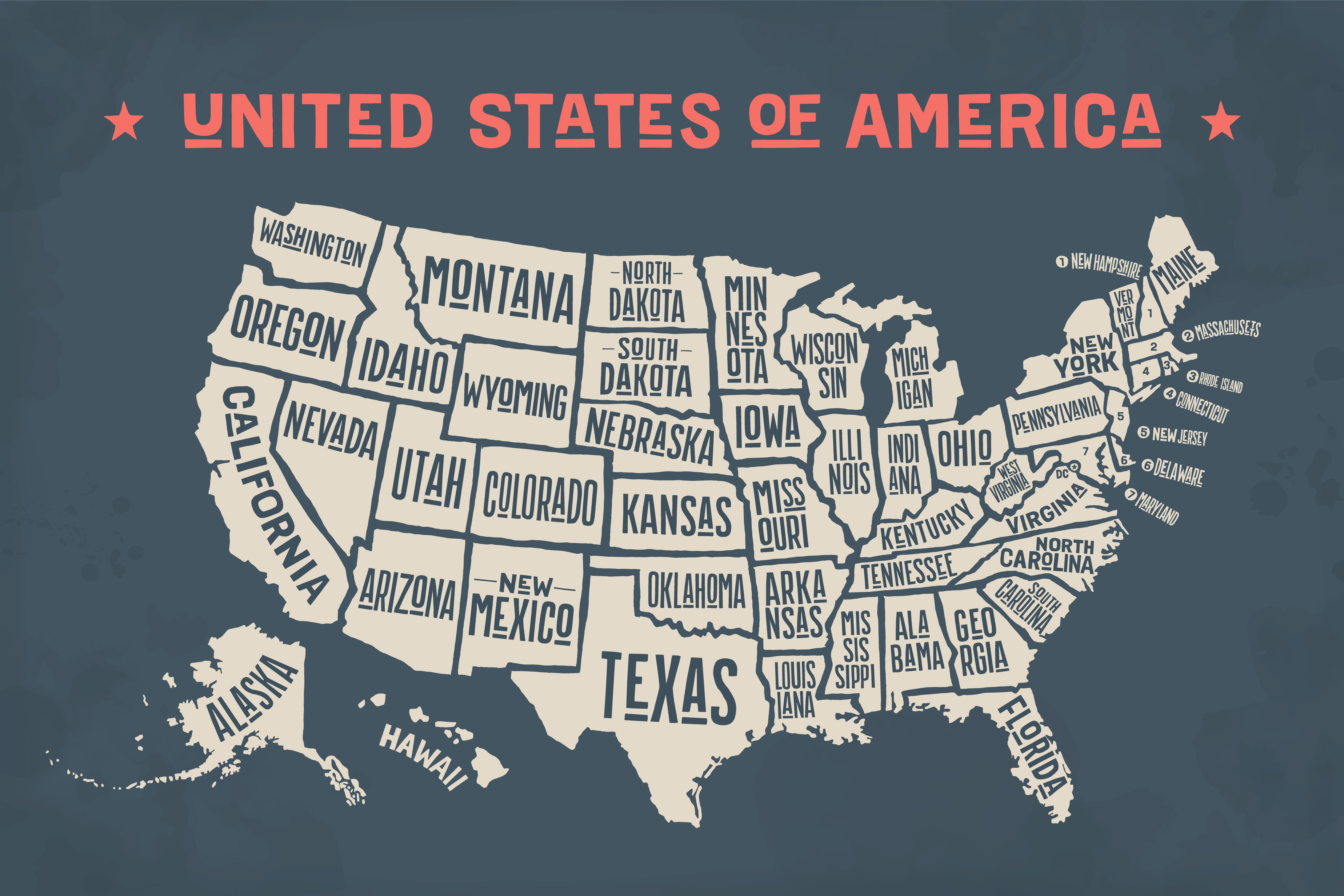 Poster map of United States of America with state names.