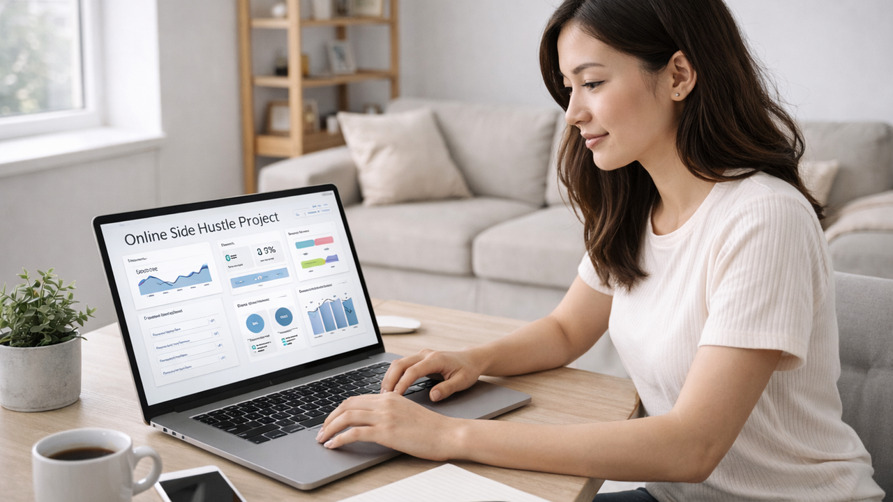 Young entrepreneur reviewing an online side hustle project dashboard on a laptop